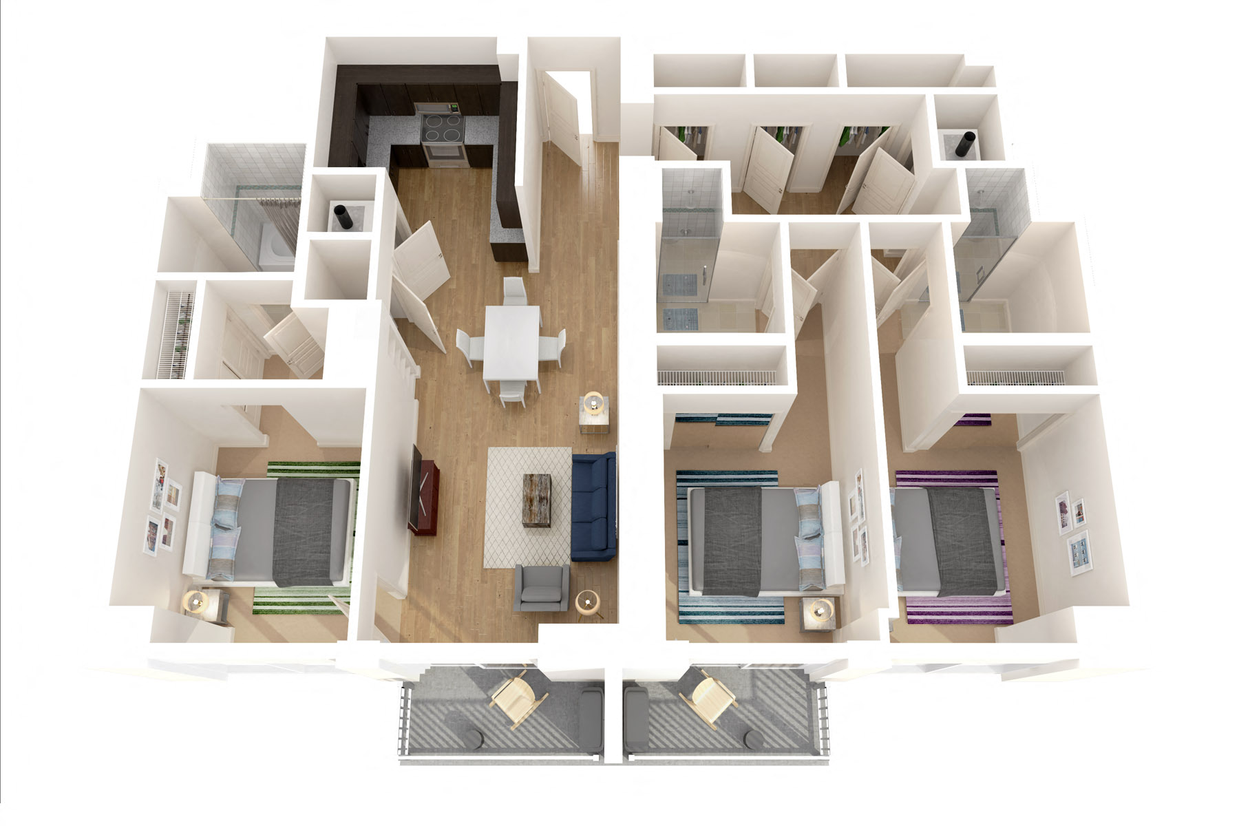 Floor plan for 3 beds, 3 baths, 1377 sqft